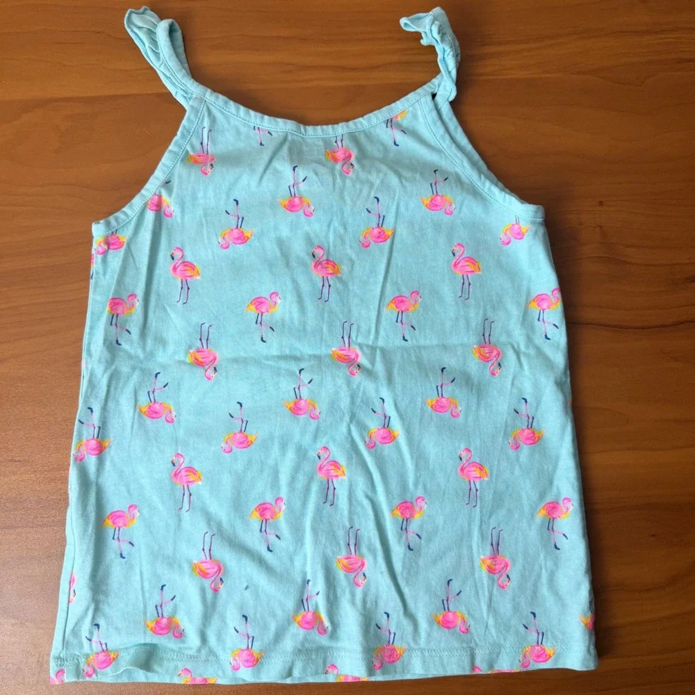 OshKosh Bgosh Girls Size 7‎ Aqua Blue Pink Flamingo Print Ruffle Tank Top Shirt